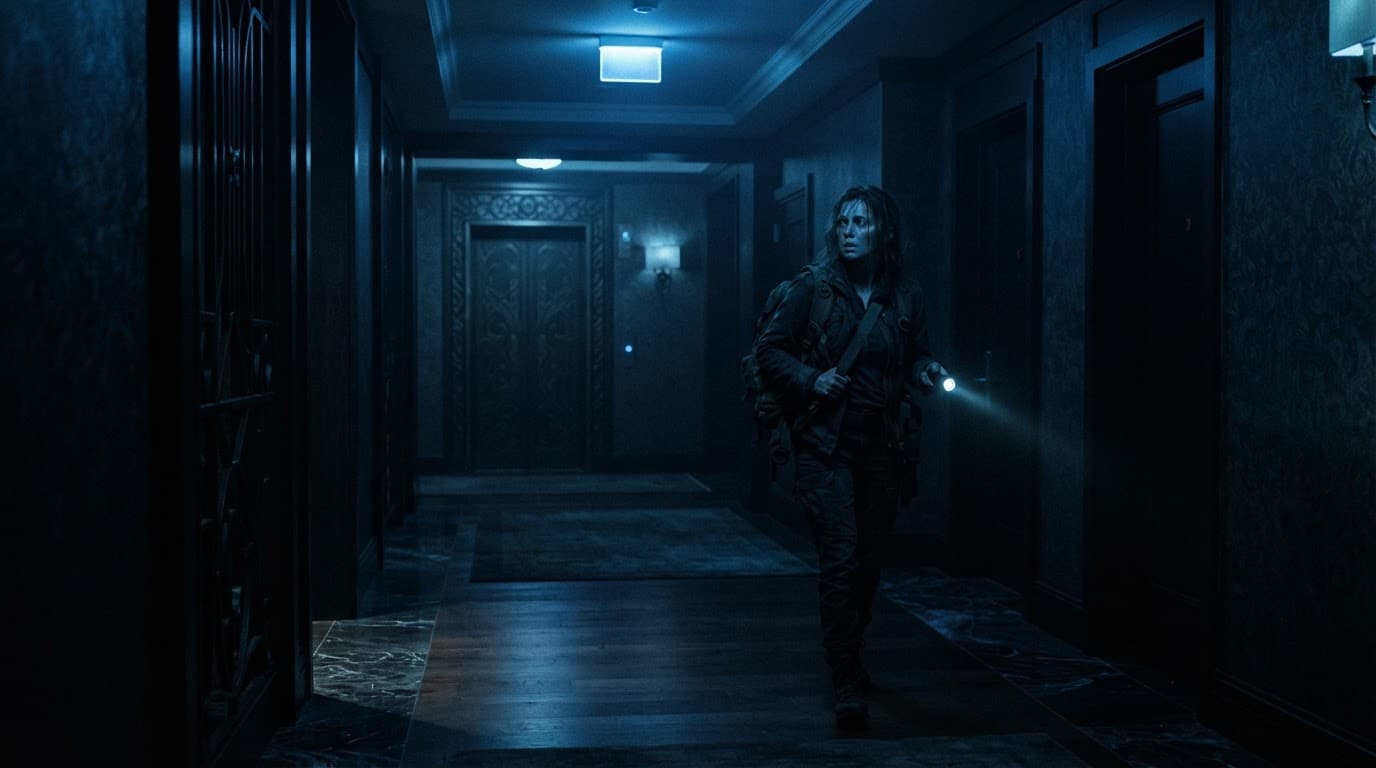A lone person stands in a dim blue room filled with eerie shadows.