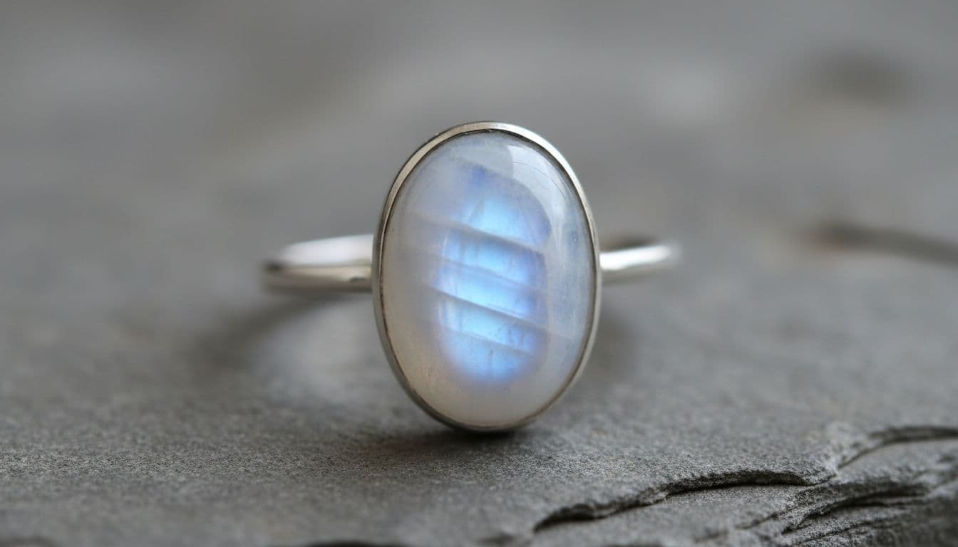 A close-up of a silver ring featuring a smooth, ethereal moonstone with a soft blue shimmer.