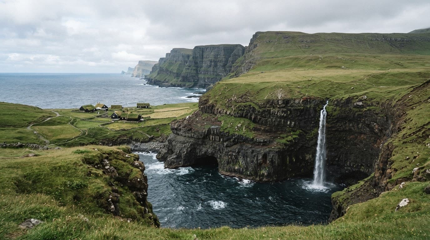 Múlafossur Waterfall beside Gásadalur village and steep green cliffs above the sea.