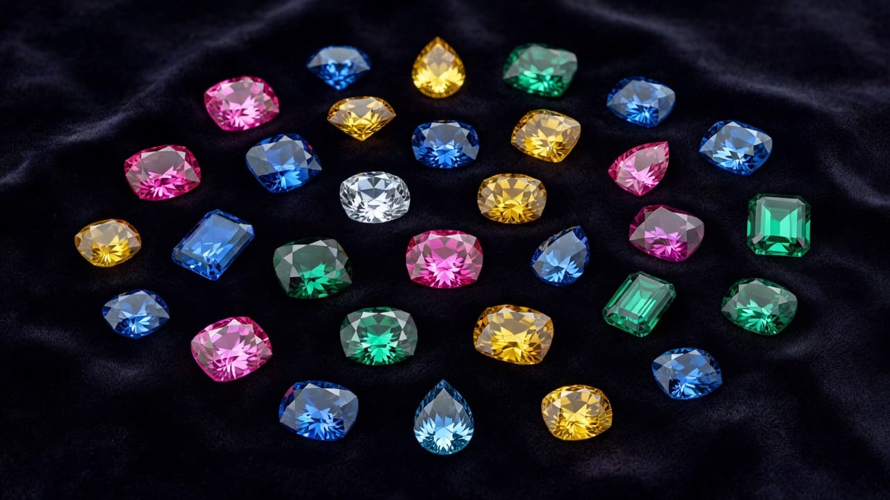 An assortment of brilliant pink, yellow, and green sapphires in various classic cuts rests upon a plush, dark velvet surface. The sharp lighting highlights the intricate internal facets of each stone.