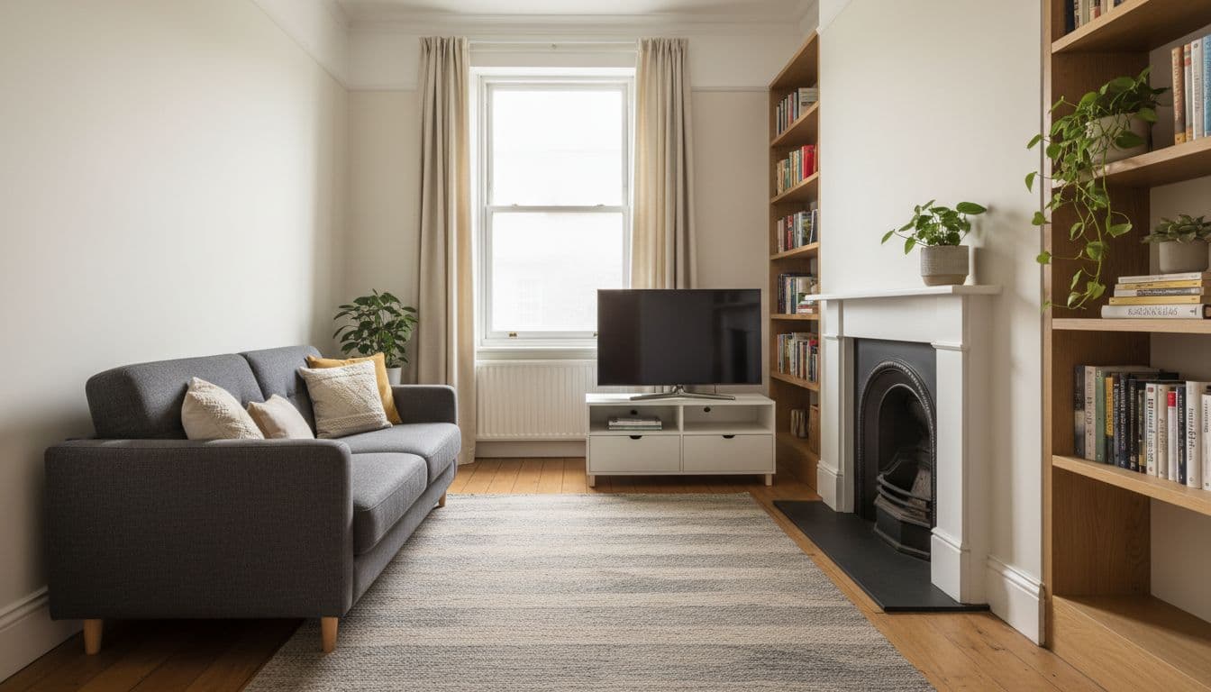 Narrow UK terraced living room with compact sofa and TV on opposite walls