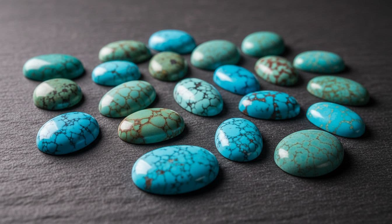 Close-up of natural turquoise cabochons and beads