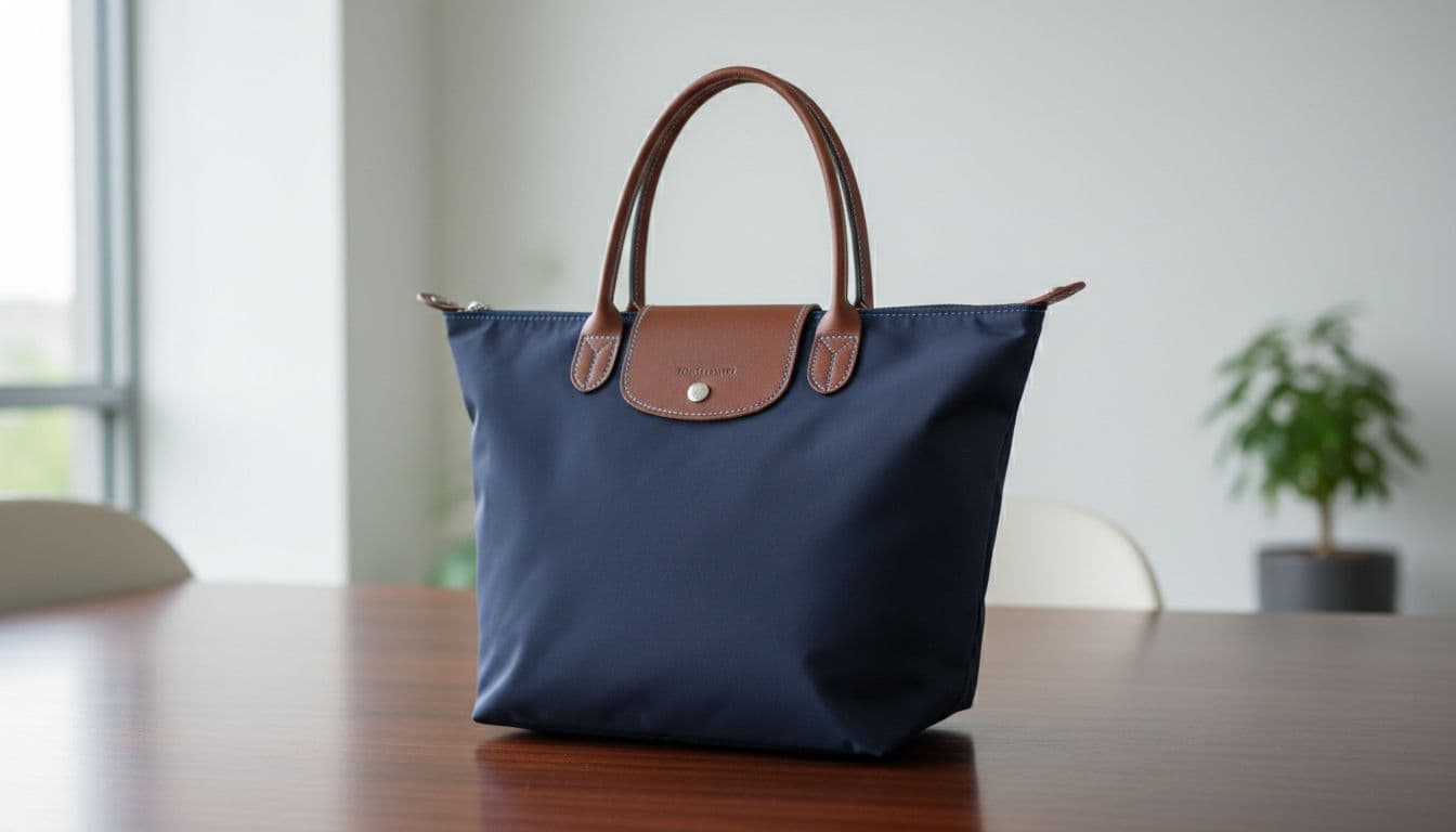 Navy blue Longchamp Le Pliage tote bag on polished wooden desk in bright modern office, side angle view.