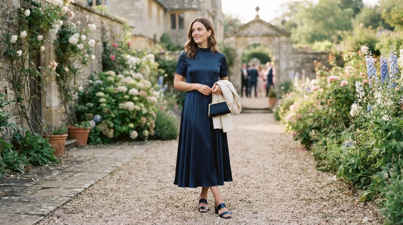 Woman in a navy satin dress standing in an elegant garden venue.