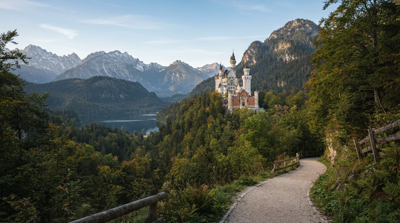Neuschwanstein Castle above a wooded hillside with Alps, a lake, and a walking path.
