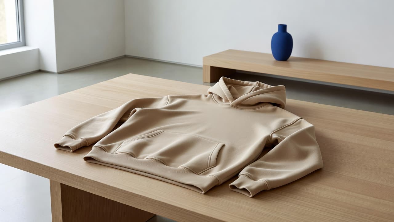 A premium heavyweight beige cotton hoodie rests folded on a polished wooden surface. The minimalist room features soft natural lighting and subtle blue decor accents that highlight the clean aesthetic.