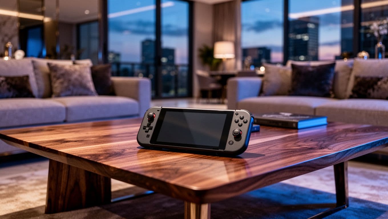Nintendo eShop: Value, Convenience and What Sets It Apart 1 A sleek Nintendo Switch console with Nintendo eShop games rests on a polished oak coffee table inside a high-end apartment. Soft blue ambient lighting contrasts with the warm interior glow of the evening setting.