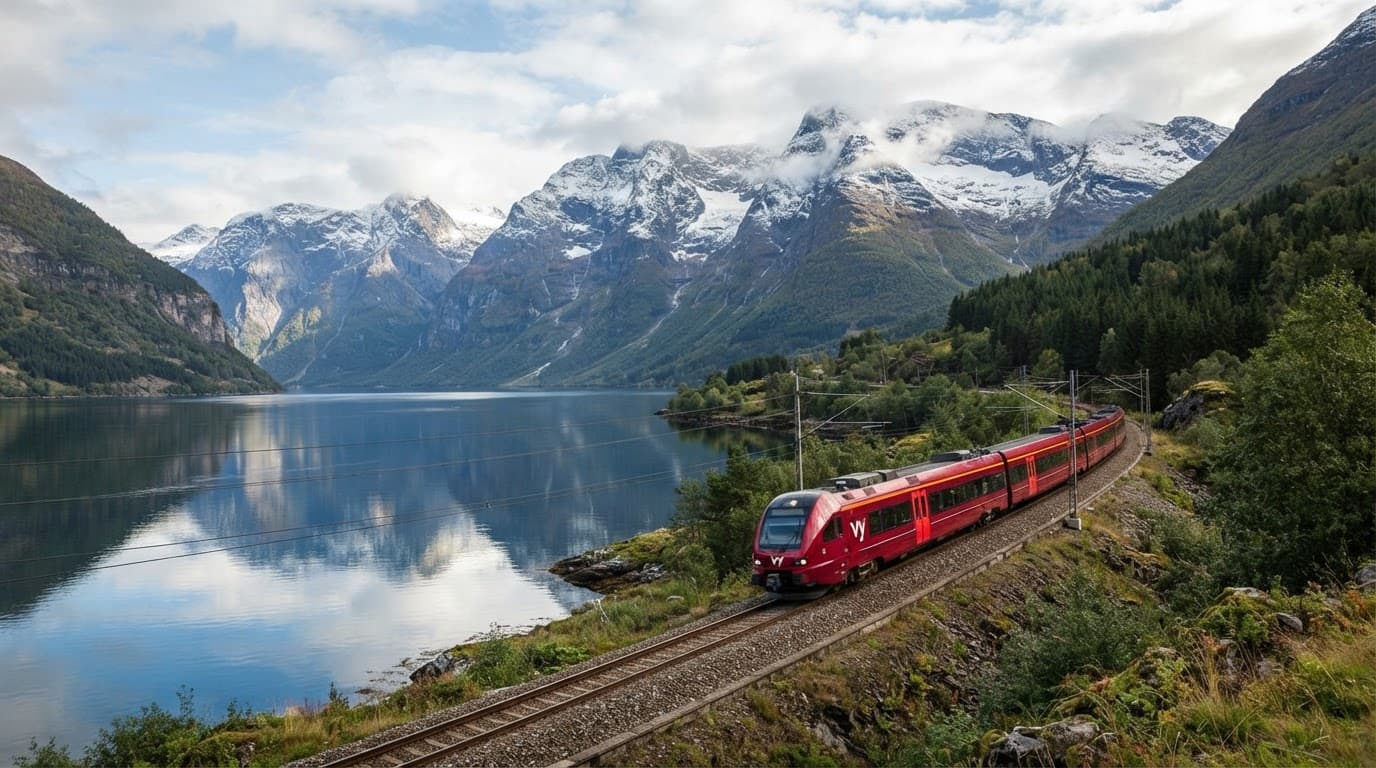 A red train travels beside a calm fjord and snow-dusted mountains.