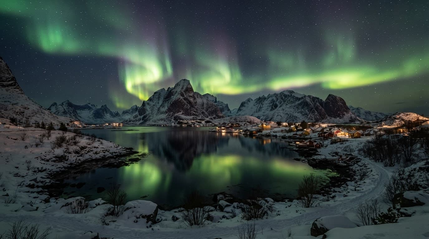 Green northern lights glow above snowy mountains and a calm coastal inlet.