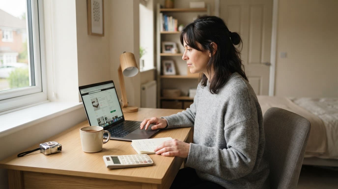 Person comparing a bed listing on a laptop with a tape measure and calculator nearby.
