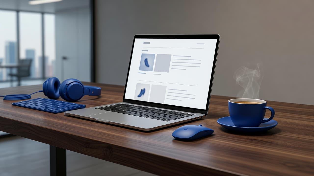 A sleek silver laptop sits on a clean desktop featuring an open footwear e-commerce page. Beside the device rests a warm ceramic coffee mug amidst stylish blue desk accessories and lighting.