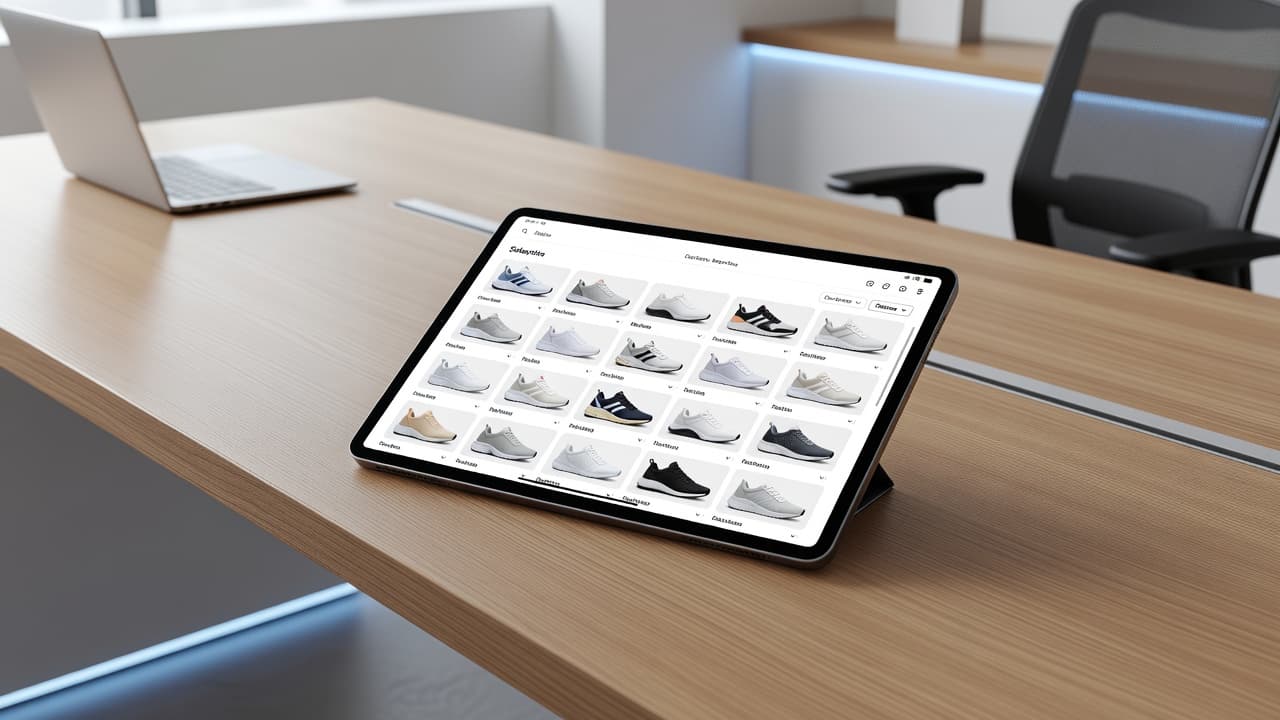 A slim tablet rests on a minimalist wooden desk, displaying a clean web interface for athletic footwear. The surrounding office environment is bright and organised with cool blue accent lighting.