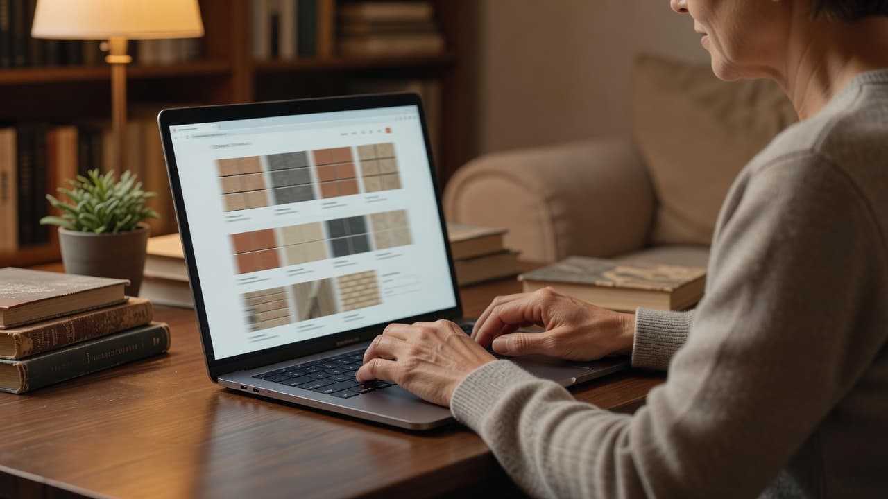 Floor Tiles for UK Homes: A Practical Buying Guide 2 A focused individual uses a laptop to browse various tile selections on a web store. Warm lighting illuminates the cozy home office space, highlighting the digital screen and a modern desk setup.