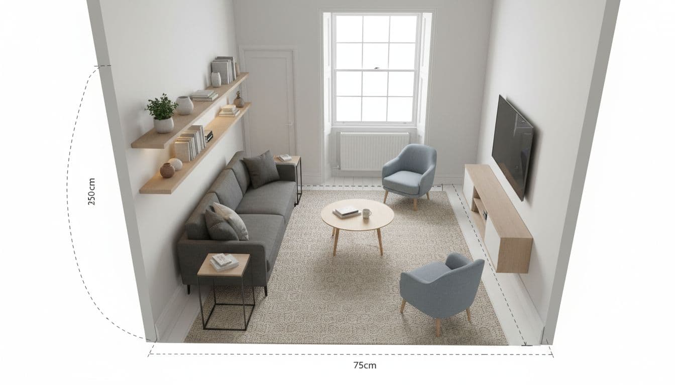 Overhead and partial eye-level view of a tiny UK flat lounge with rug, side tables, and shelves anchoring the layout
