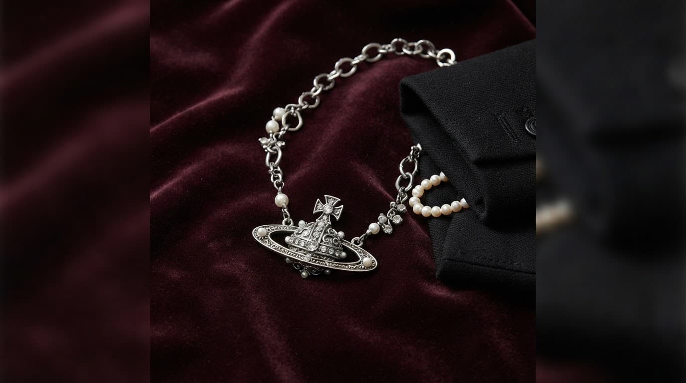 Vivian Westwood Necklace: A UK Buying and Style Guide 1 Silver-tone orb necklace on burgundy velvet beside black tailoring and pearls.