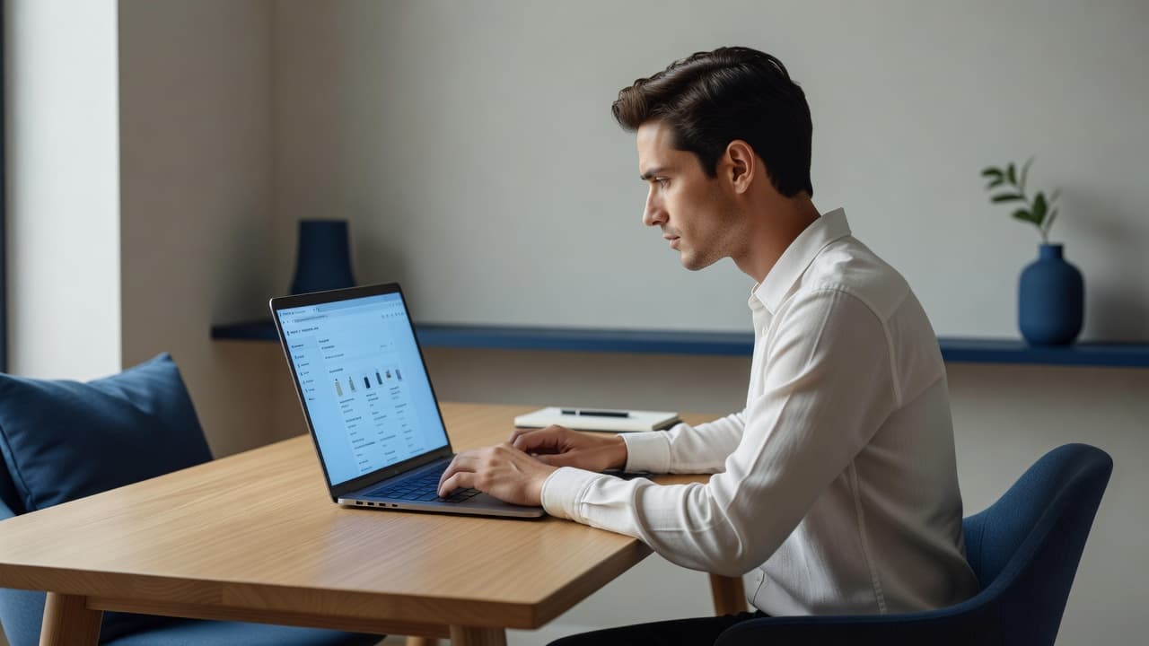 A focused individual sits at a clean wooden desk, navigating a laptop screen to shop for fragrances. The modern home office features deep blue accents and soft, natural morning light.