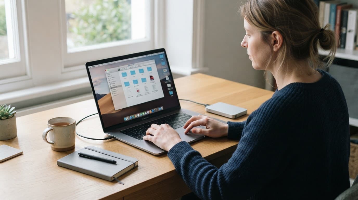 OneDrive Guide: How to Use It, Share Files and Choose a Plan 3 Person organising folders on a laptop at a tidy home-office desk.
