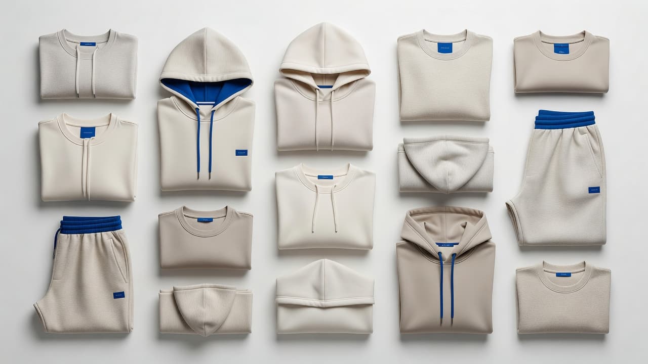 Folded beige hoodies and matching joggers are arranged precisely on a stark white surface. Subtle blue-600 accents appear on the clothing tags, creating a clean aesthetic suited for modern minimalist wardrobes.