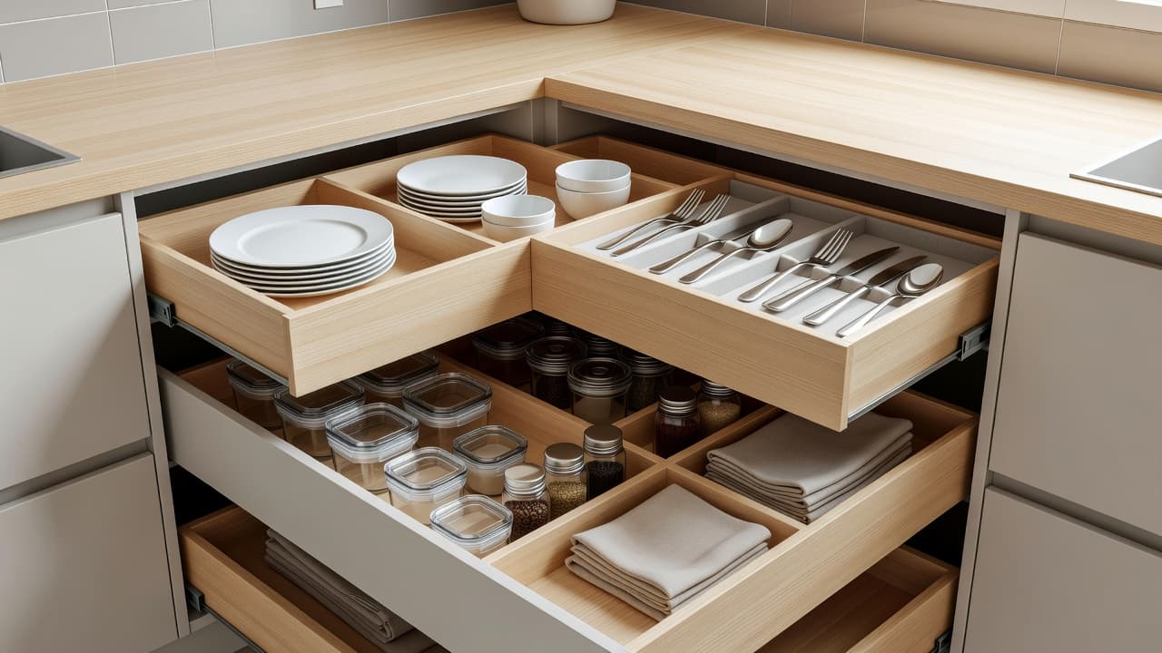 Brightly lit kitchen drawers feature custom dividers creating distinct compartments for utensils and tools. This minimalist storage system maximizes vertical space to keep every culinary item perfectly in its place.
