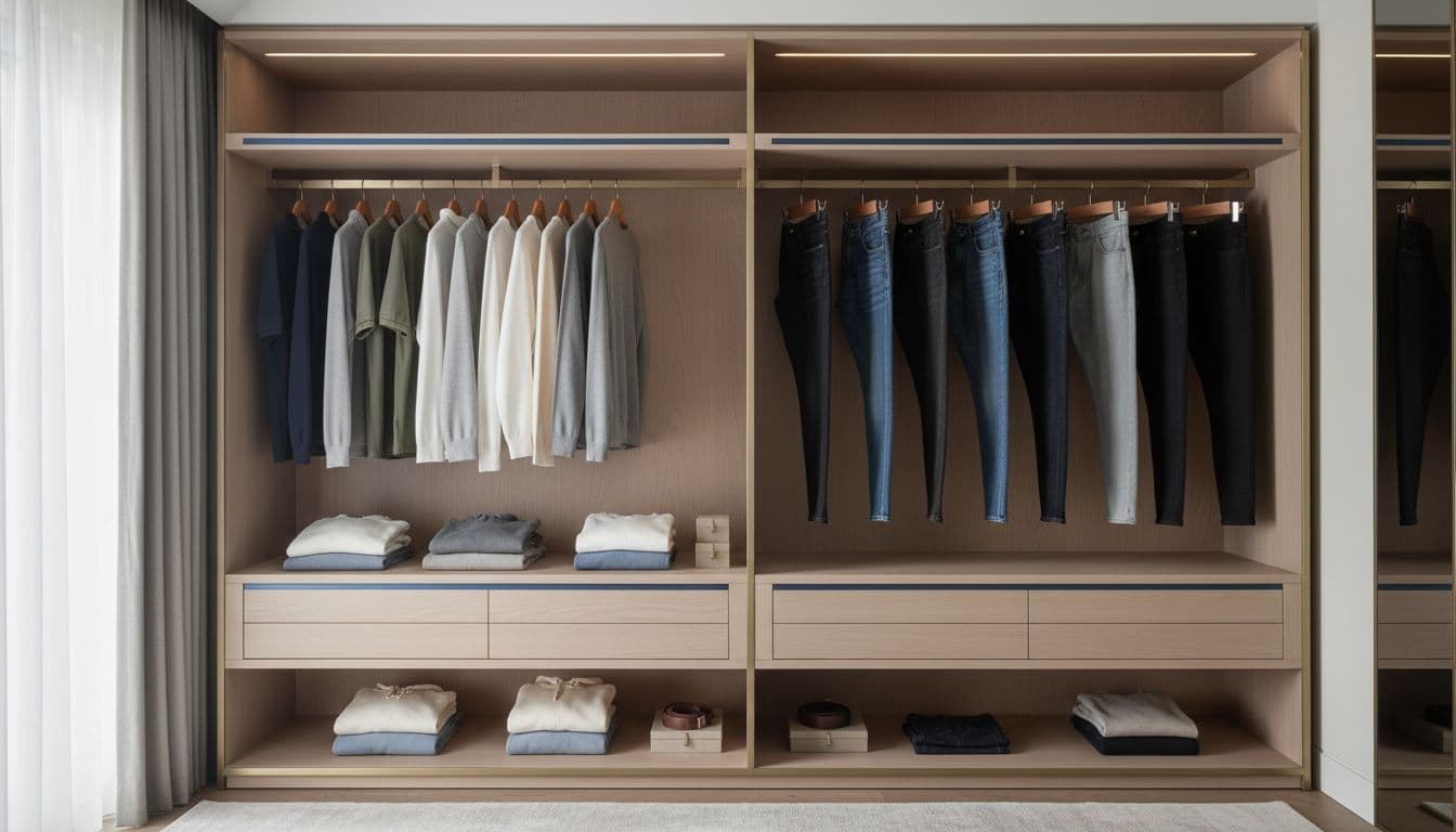 Luxury wardrobe in modern bedroom with hung polo shirts, folded hoodies on shelves, draped jeans, soft morning light.