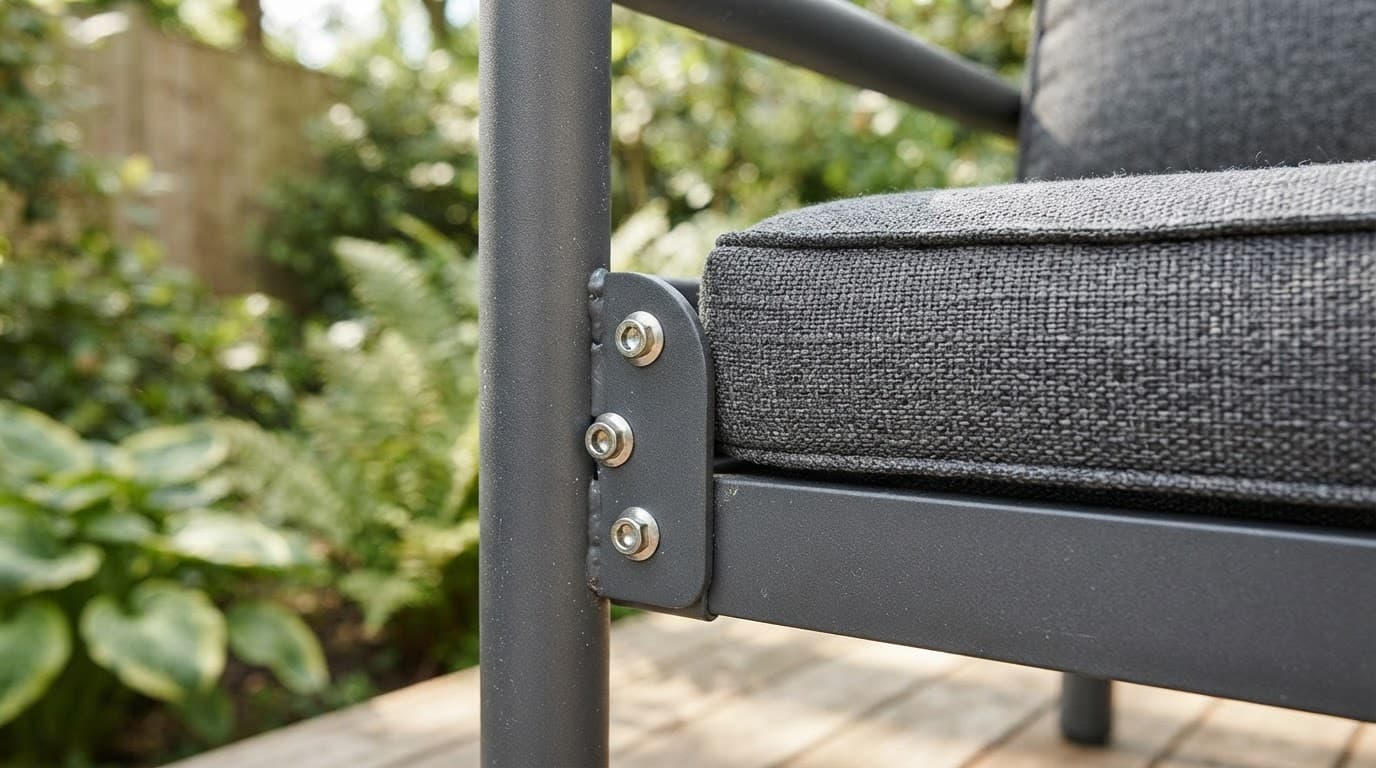 Close-up of sofa frame fixings beside woven outdoor cushion fabric.