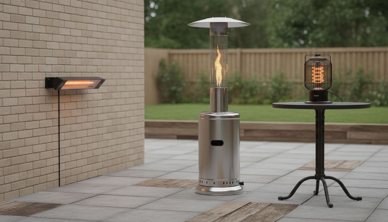 Three different patio heaters side by side on a neutral garden patio: electric wall-mounted infrared heater, tall freestanding gas patio heater with propane tank, and small tabletop electric heater on a bistro table. Realistic photo style in natural daylight with even lighting, no people or extra objects.