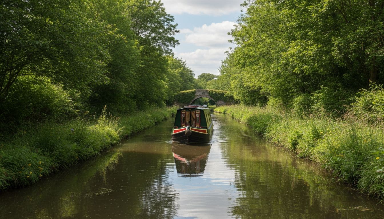 A narrow canal boat drifts slowly through calm water lined by dense green trees. In the distance, a small stone bridge crosses the waterway while white clouds reflect upon the surface.