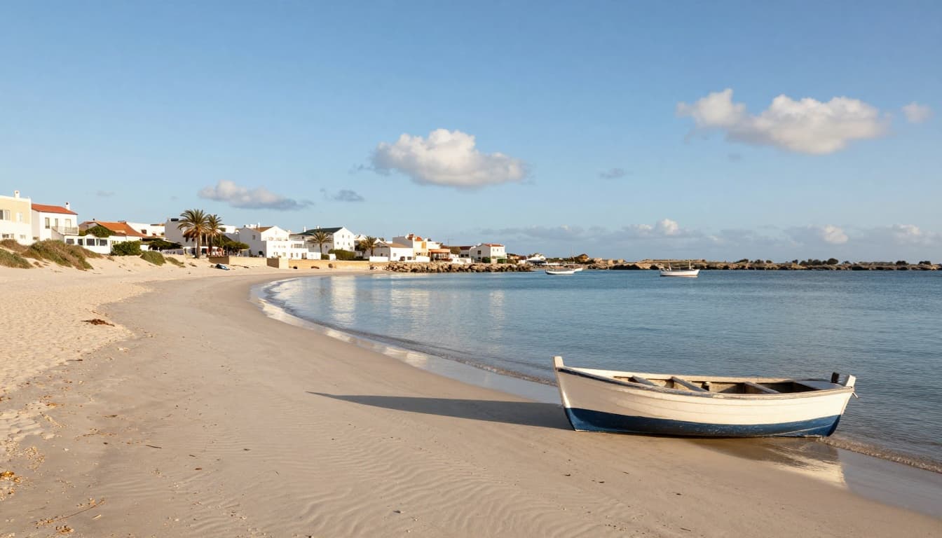 Peaceful Eastern Algarve beach near Tavira with calm shallow waters of the Ria Formosa lagoon, long white sand stretch, traditional houses, fishing boats, and soft morning light under a clear blue sky.