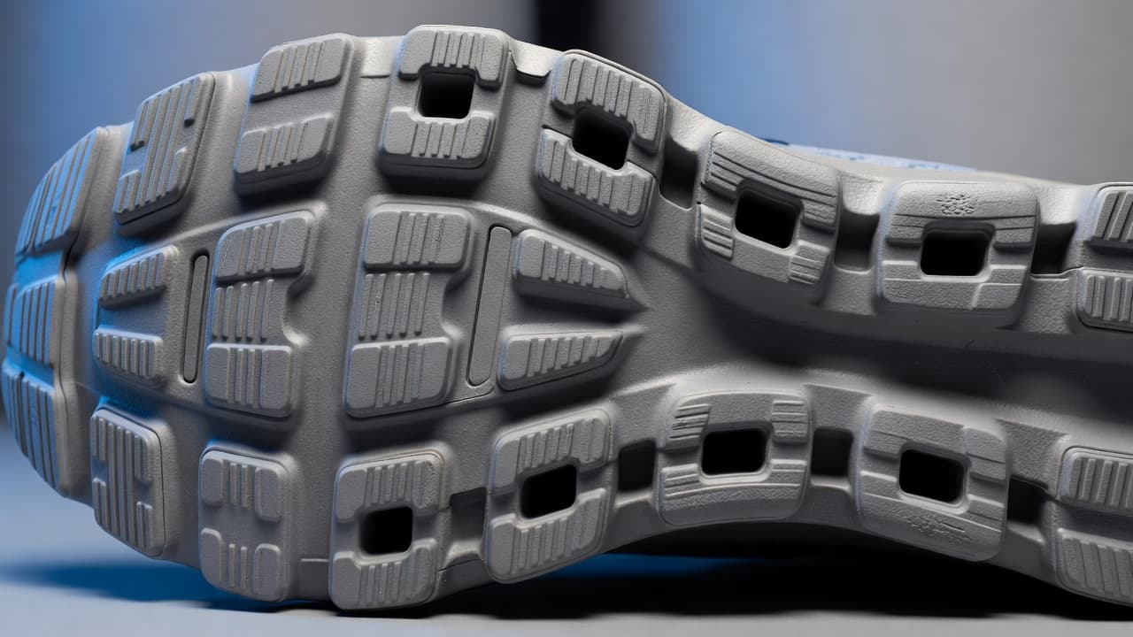 On Cloud Review: Running, Walking and Daily Wear 3 A close-up view of a running shoe sole featuring segmented rubber pods for cushioning.
