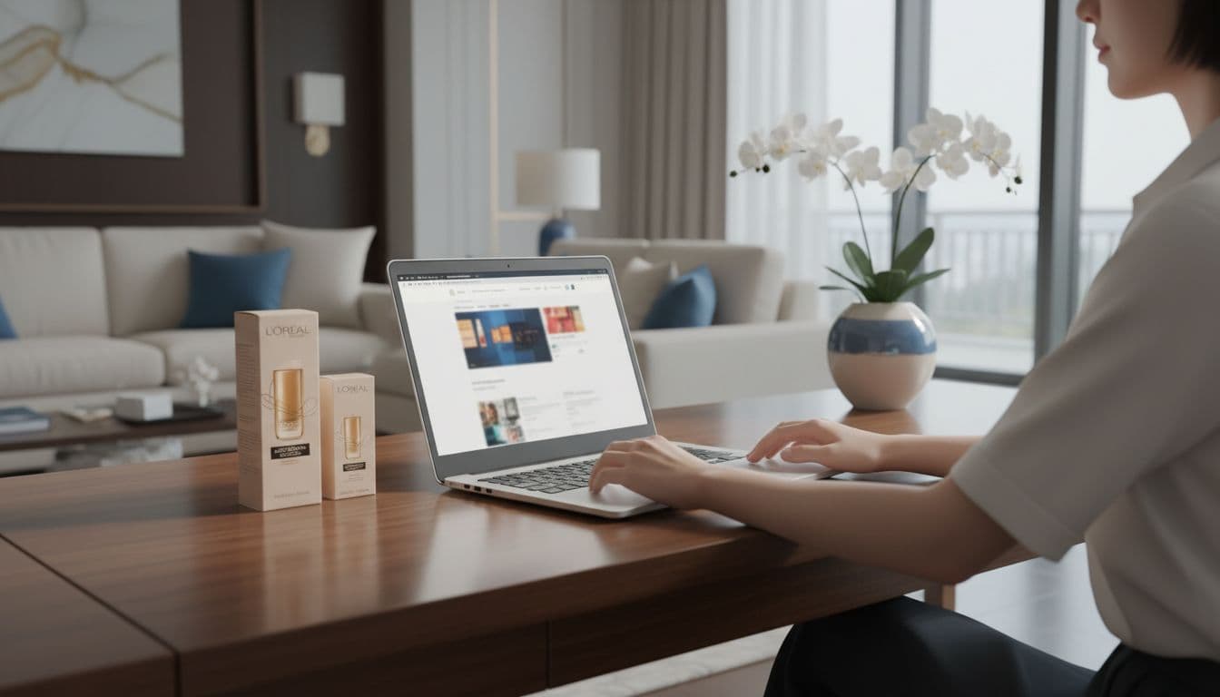 A single person relaxes at a sleek wooden desk in a luxurious modern living room, browsing blurred L'Oréal beauty products on a laptop screen with nearby shampoo and foundation boxes, illuminated by natural daylight.