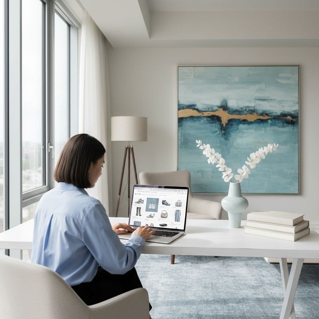 A person researches luxury fashion items on a laptop in a bright, modern, minimalist home office.