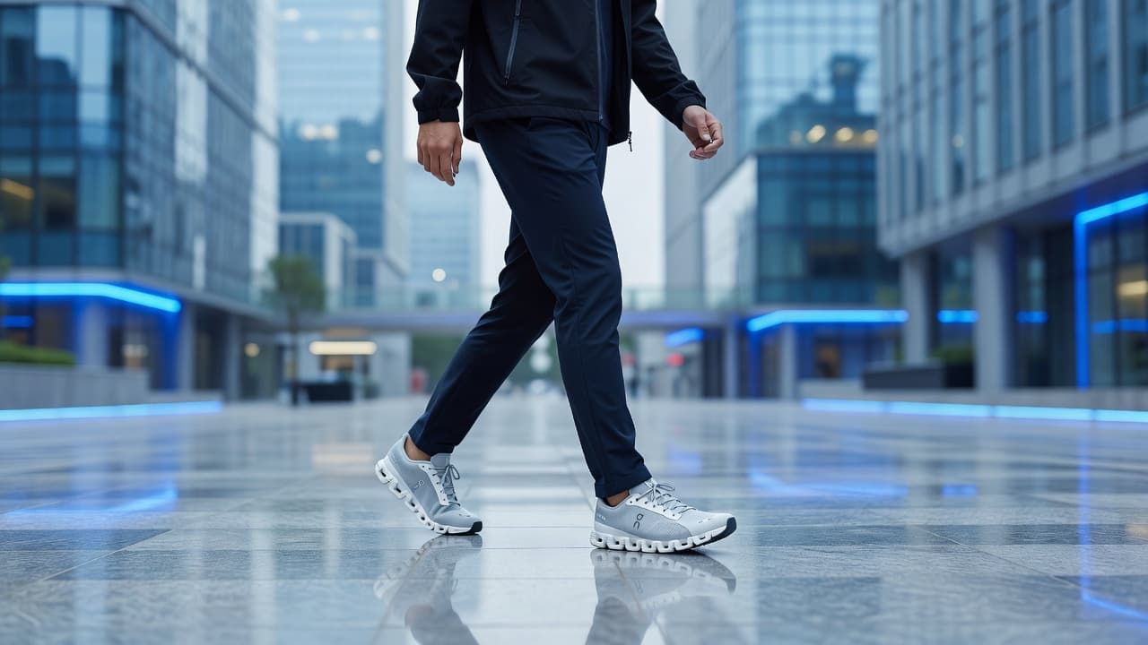 On Cloud Review: Running, Walking and Daily Wear 2 A person walks along a modern city sidewalk wearing stylish sneakers.