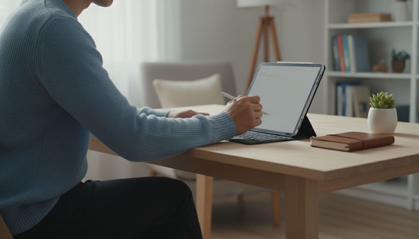 A person uses a tablet with a keyboard and stylus at a clean home office desk.