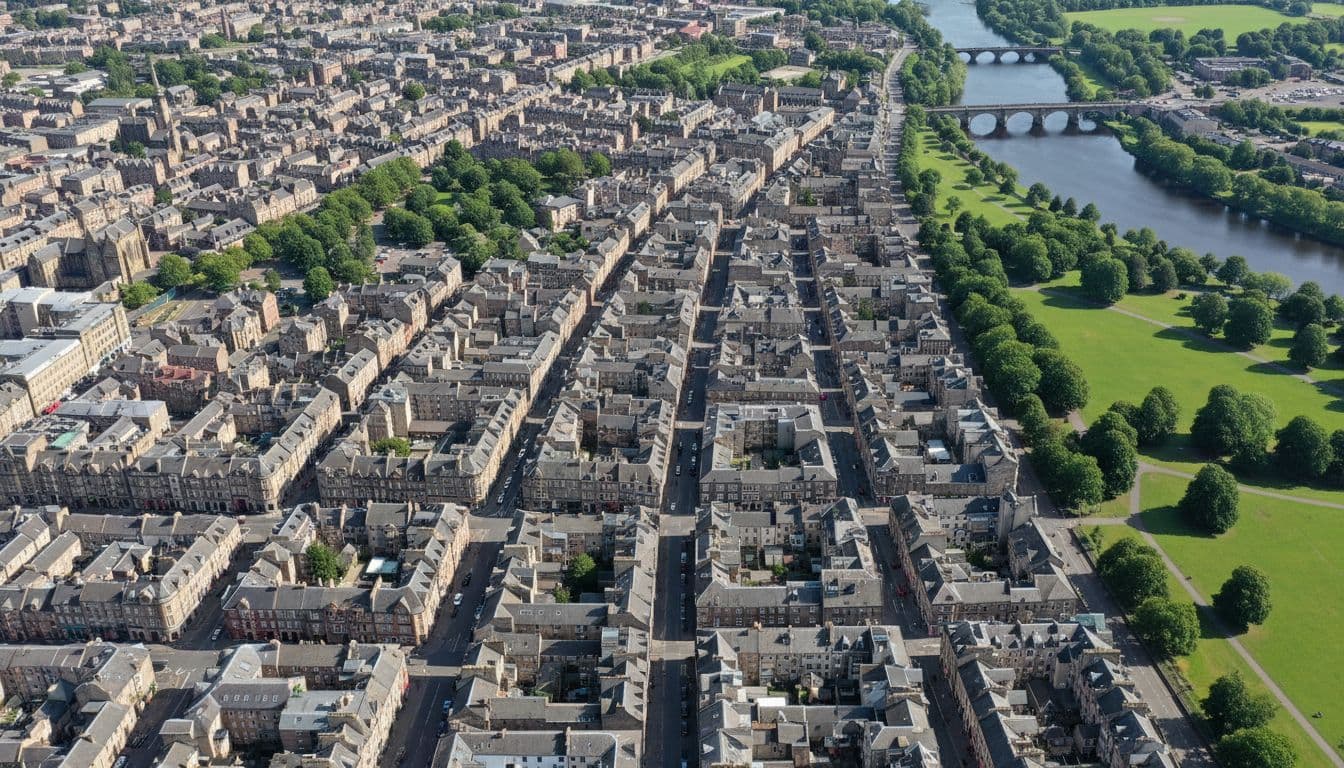 Aerial drone view of Perth city centre in Scotland featuring compact historic streets with old stone buildings, the nearby River Tay, and green parks in daylight.
