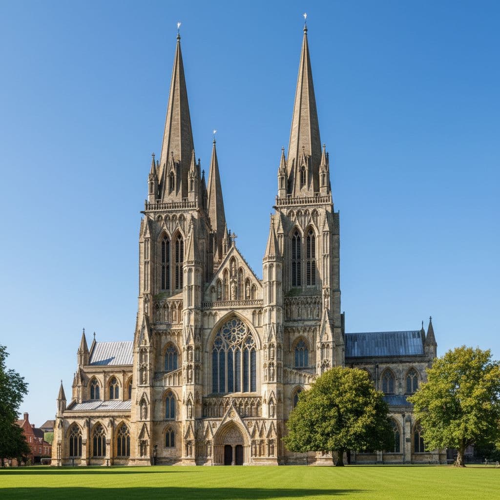 Wide exterior of Peterborough Cathedral shows gothic architecture, spires, stone details, green grass foreground, and blue sky.