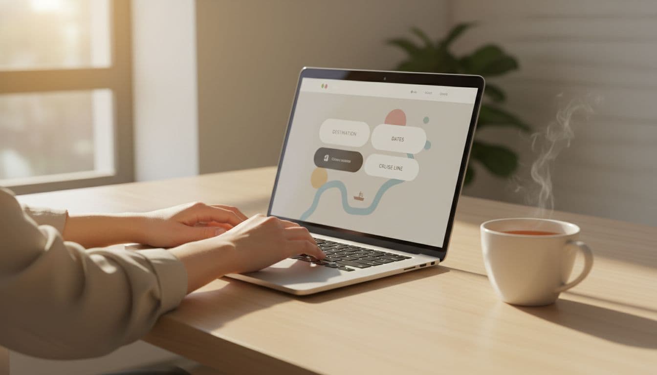 A close view shows hands typing on a laptop keyboard atop a smooth wooden desk. A steaming cup of tea rests nearby as soft sunlight illuminates the workspace during travel planning.