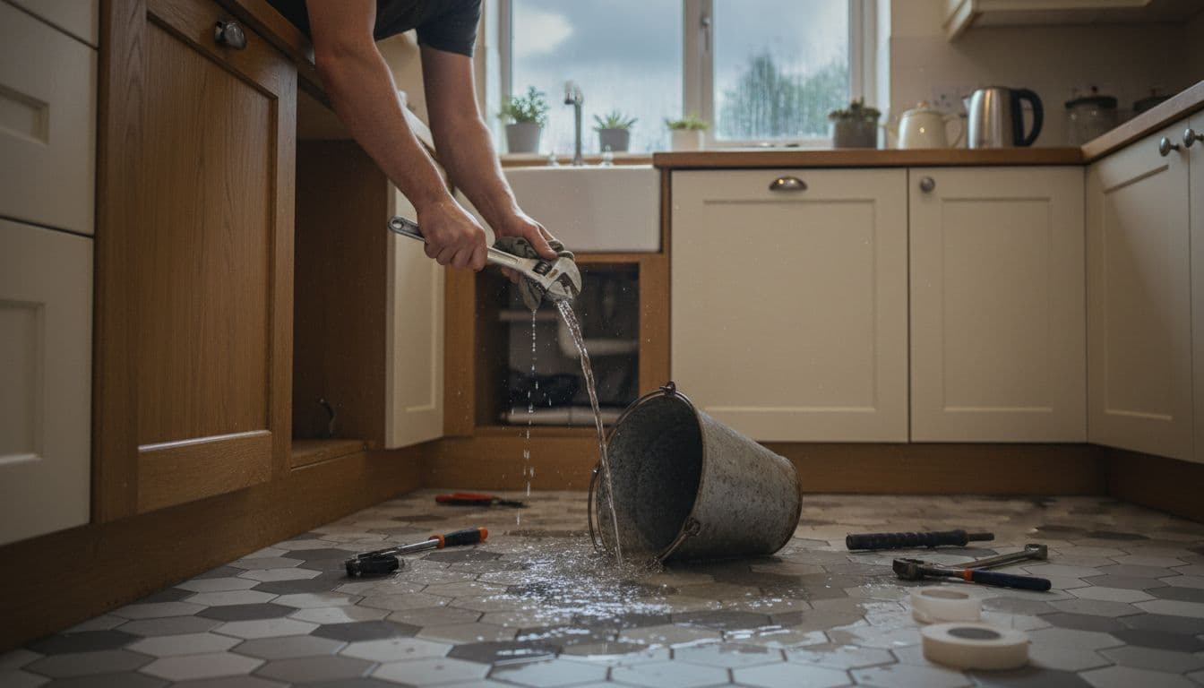 Realistic scene of a plumber's hands urgently repairing a burst pipe under the sink in a cosy UK kitchen, with water pooling on the tiled floor, scattered tools, wooden cabinets, kettle on counter, and rainy weather outside the window.