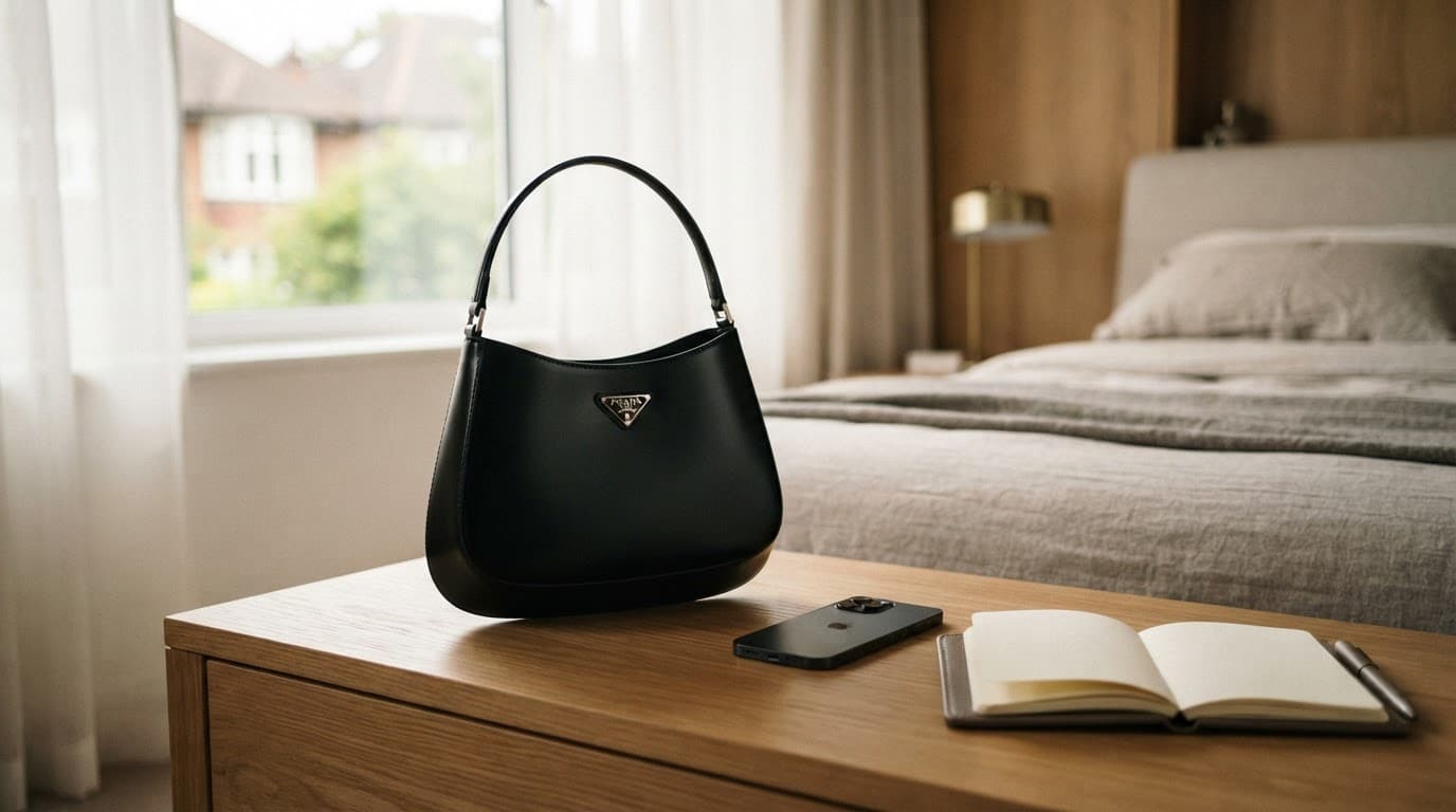 Prada Handbag Review: Styles, Value and Buying Advice for UK Shoppers 4 A Prada handbag beside a smartphone and notebook on a wooden surface.