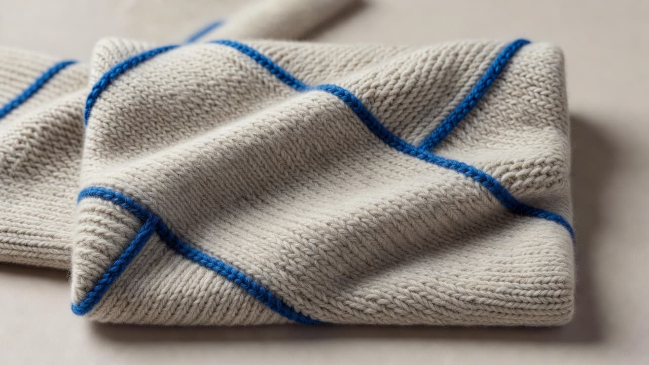 A close-up view reveals the intricate weave and soft texture of high-quality blue wool fibers. Subtle highlights illuminate the stitching, emphasizing the luxury craftsmanship of the garment's thick knitted surface.