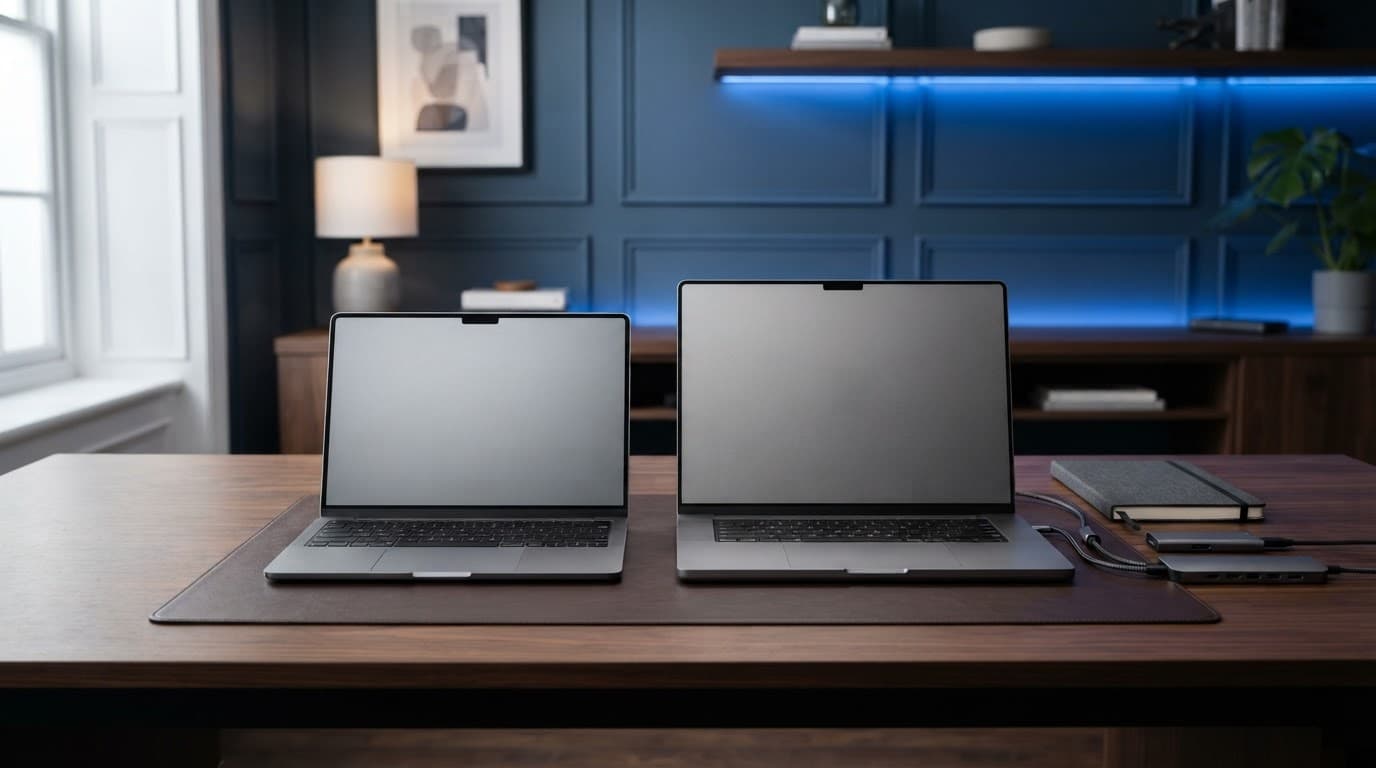 Apple MacBook Review: Air or Pro, Which Model Offers Better Value? 7 Two closed laptops with a notebook, external drive, and USB-C hub on a blue-lit desk.