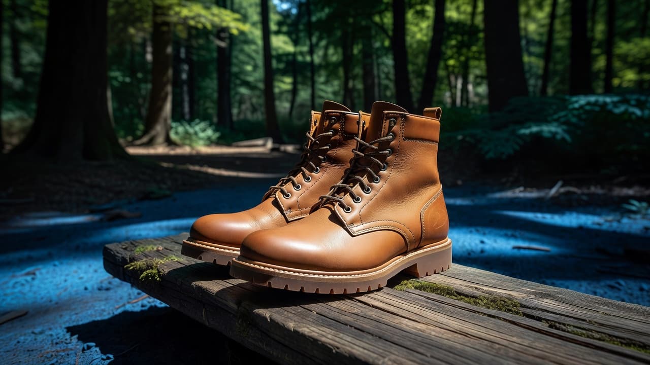A pair of high-quality tan leather boots sits neatly on a weathered wooden surface within a forest. Sharp focus reveals intricate stitching details against a backdrop of soft blue shadows.