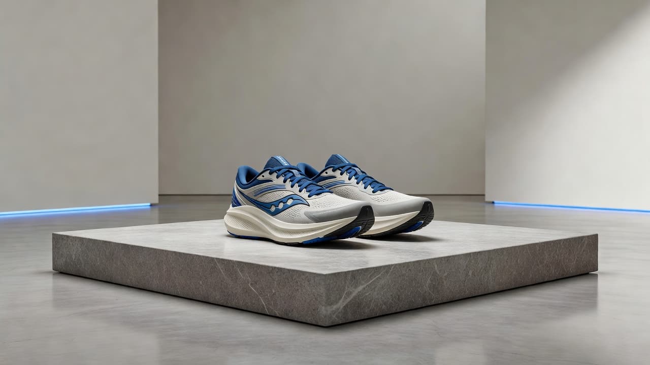 A pair of high-performance running shoes rests on a gray textured stone surface. The minimalist studio lighting emphasizes the sleek fabric weave and intricate stitching of the athletic footwear.