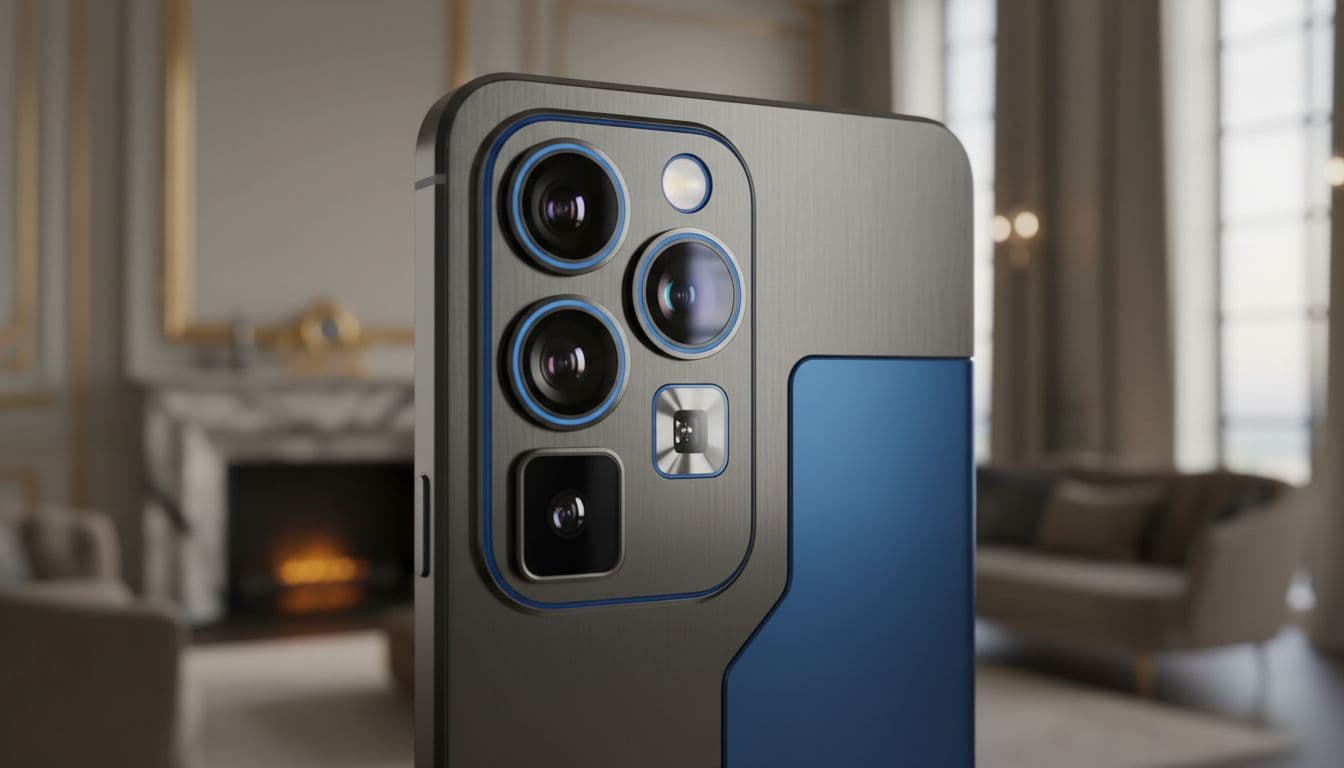 A close-up view of a high-end smartphone camera module set against a soft-focus interior background.
