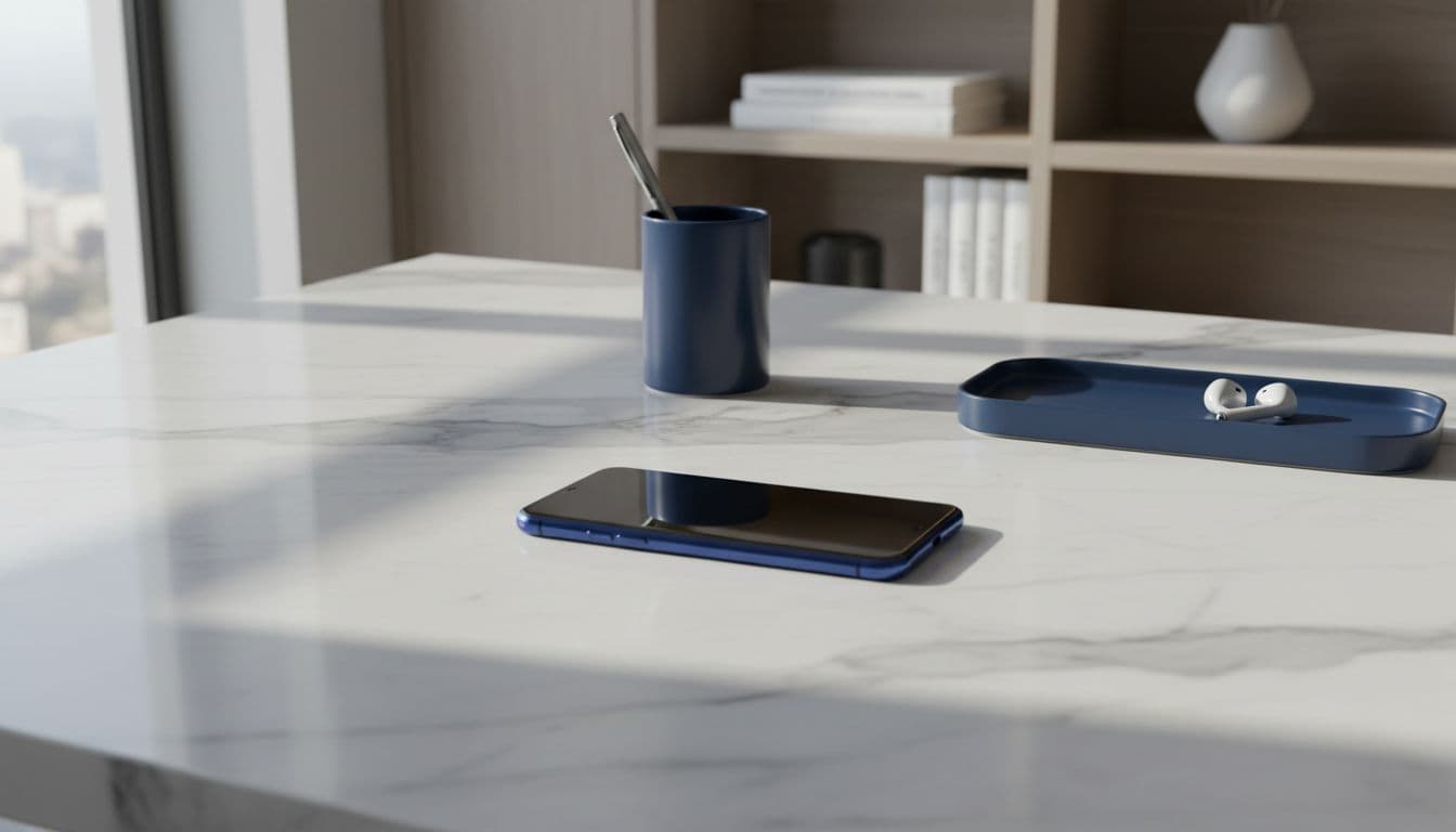 A Samsung S26 Ultra smartphone rests on a minimalist marble desk inside a sunlit professional workspace.