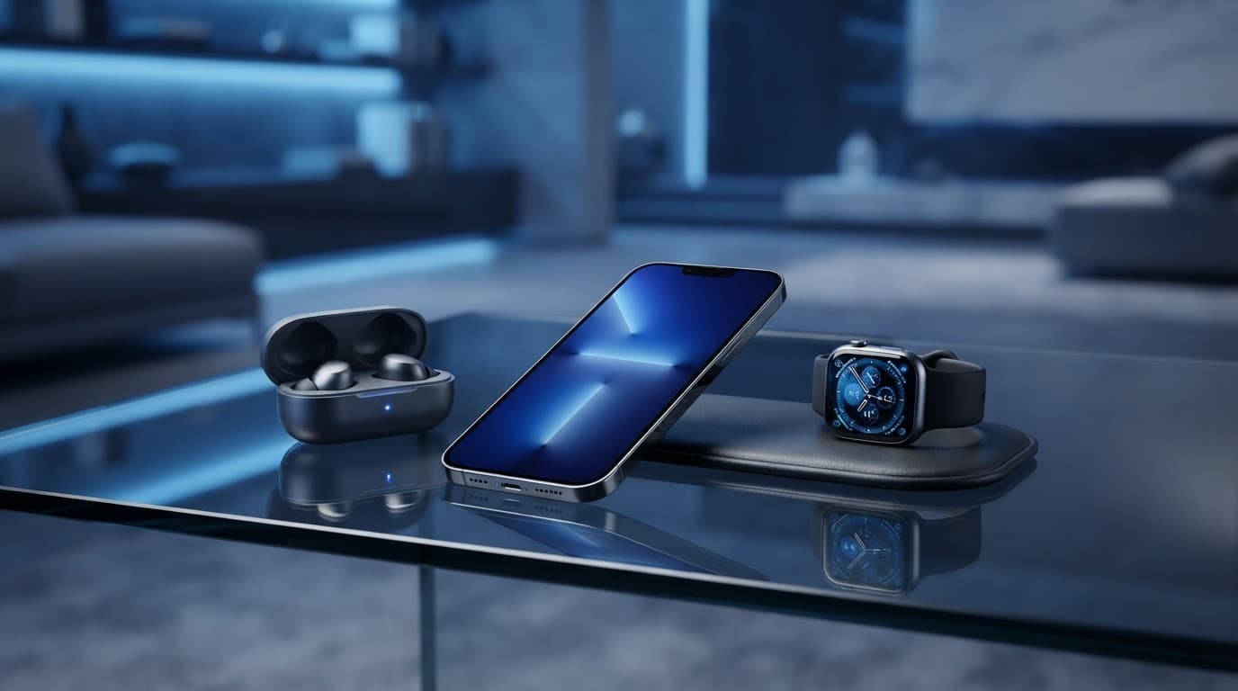 A smartphone, wireless earbuds, and smartwatch arranged on a glass table under blue lighting.
