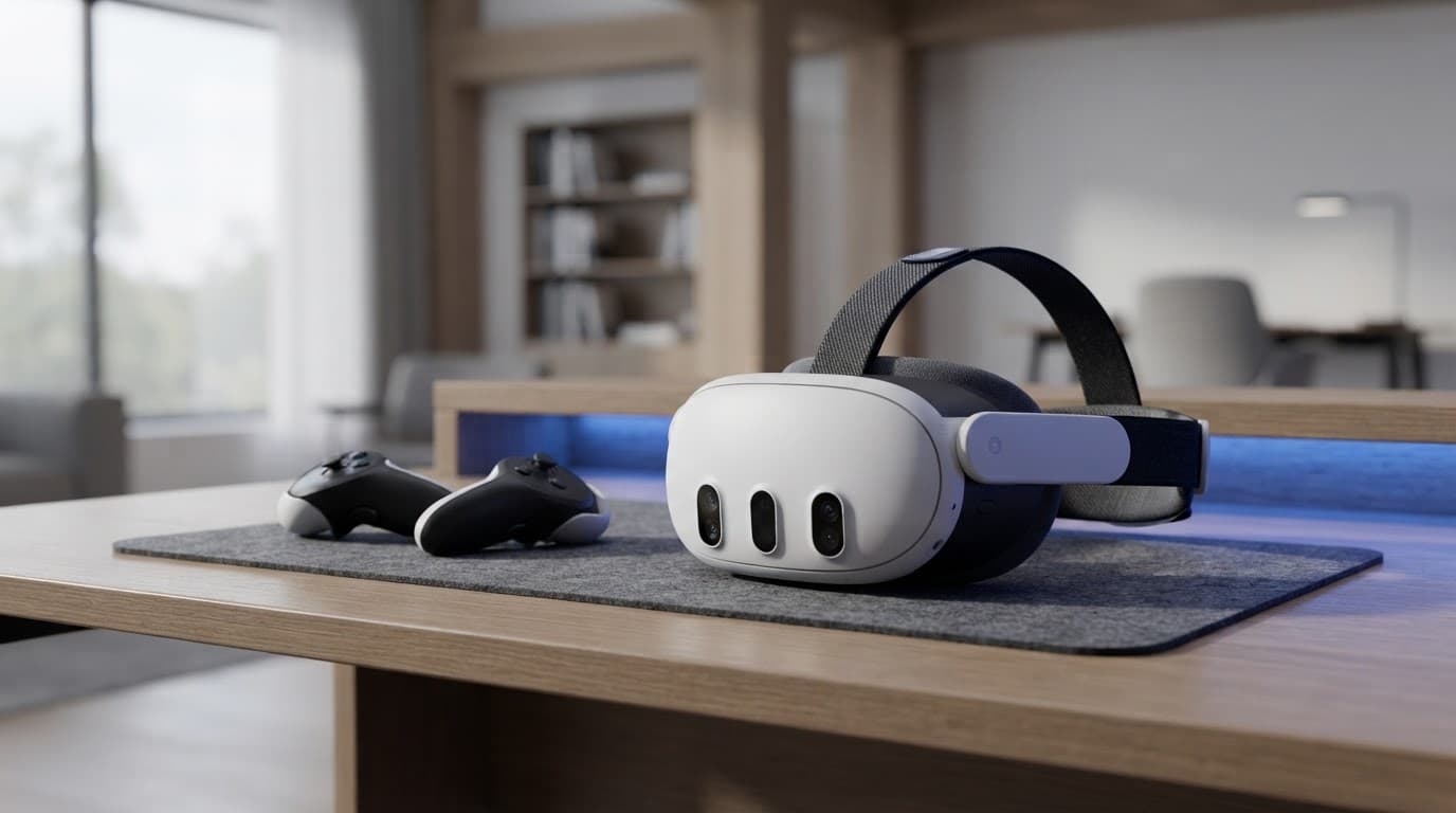 A mixed-reality headset and two controllers sit on a refined desk in a softly lit home office.