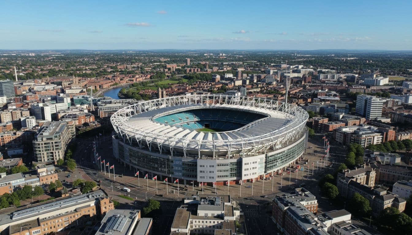 Photorealistic aerial overview of Principality Stadium exterior in Cardiff, surrounded by urban areas under a clear blue sky, broad landscape composition with flags visible, no people, vehicles, text, or watermarks.