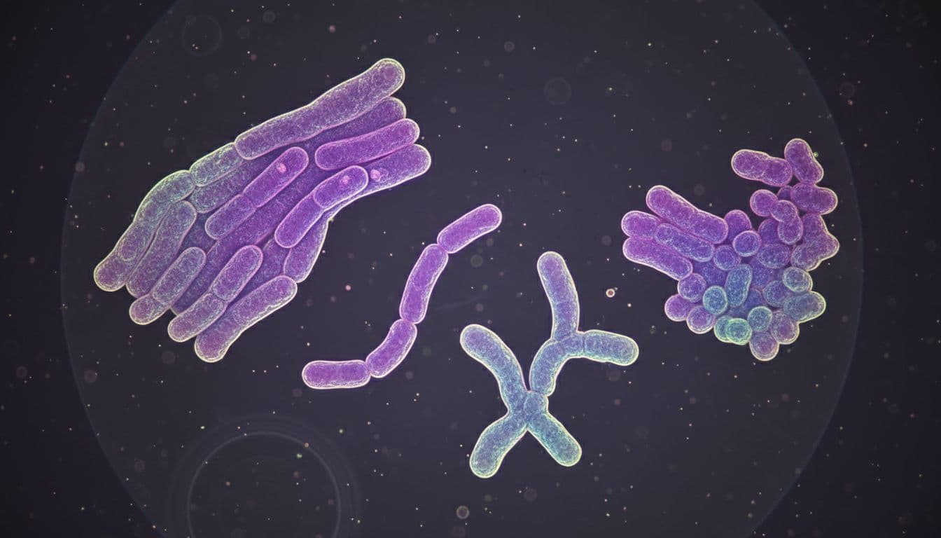 Three clusters of Lactobacillus and Bifidobacterium on a lab slide under bright microscope light.