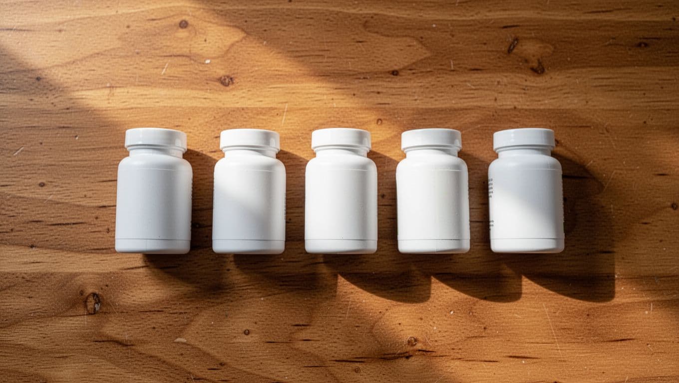 Five probiotic supplement bottles on a wooden table, viewed from above in natural daylight.