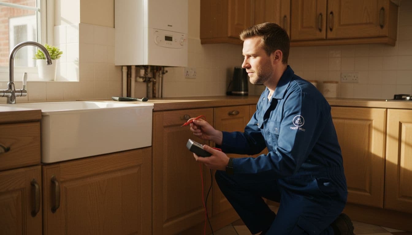 Engineer servicing a modern boiler in a UK kitchen